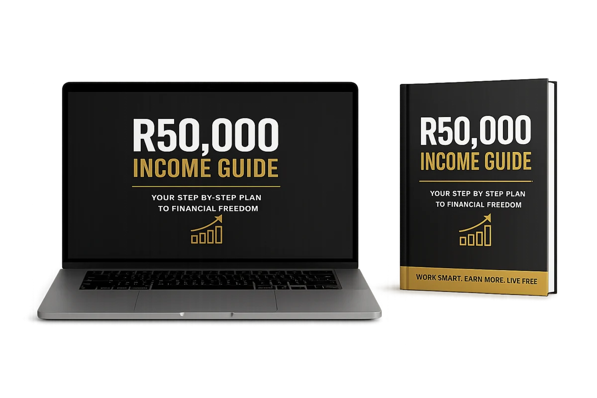 R50,000 Income Guide — step-by-step plan to financial freedom shown on laptop and ebook cover