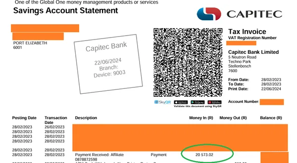 Bank statement showing R20,573 affiliate payment