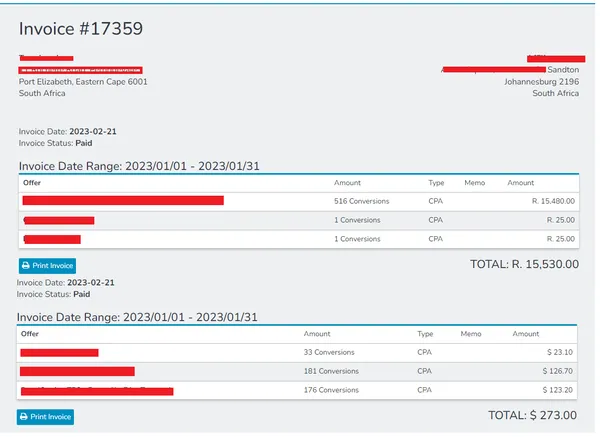 Affiliate earnings invoice showing R15,530